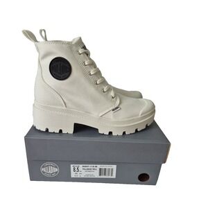Palladium Boot Womens 8.5 Star‎ White Pallabase Twill Hi Top Lace Up Zip NEW